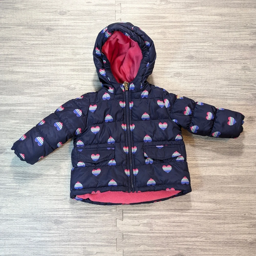 Kids OshKosh B'Gosh‎ Girl's Puffer Warm Winter Coat Navy With Hearts 12 Months